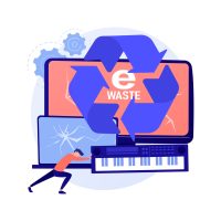 E-waste reduction abstract concept vector illustration. E-waste management, technological rubbish reduction, electronics trade-in program, gadget recycling plan, device reuse abstract metaphor.